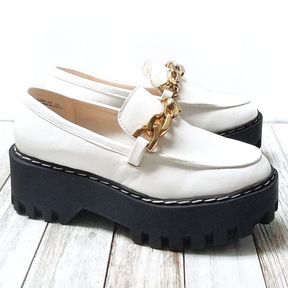 White Platform Chain-Accent Loafers